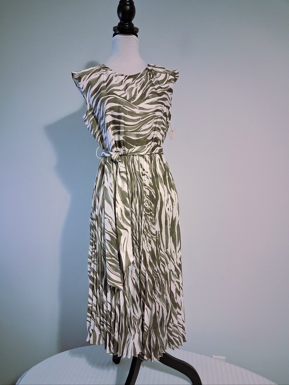 Olive Green and White Zebra-Print Midi Dress Size Small